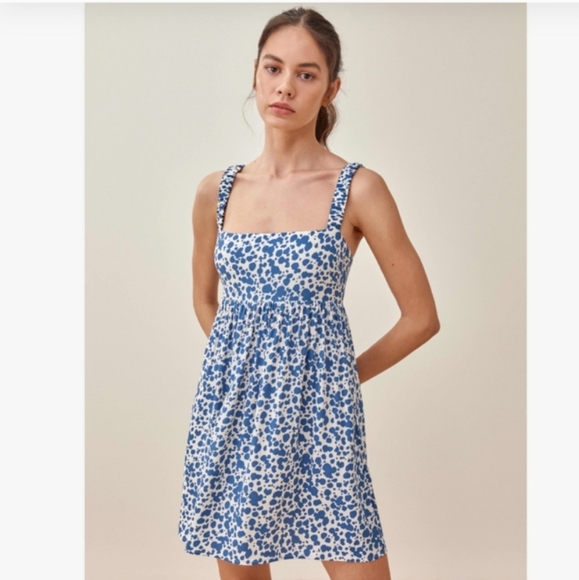 Reformation Blue Serene Mini Dress Babydoll Smocked Straps Size 2 - Picture 2 of 9